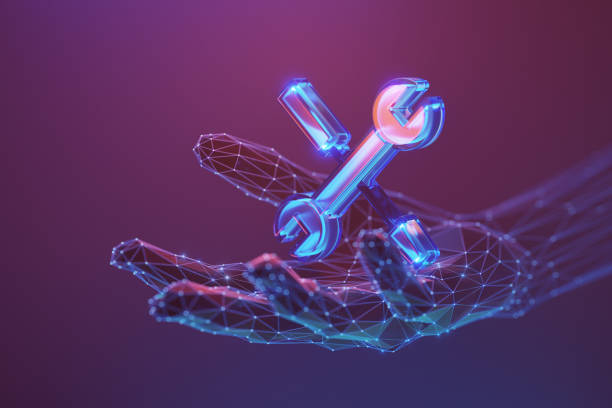 Renovation Repair concept. Tools 3d icon on the abstract human hand made with atom array and plexus effect. Neon lighting, selective focus
