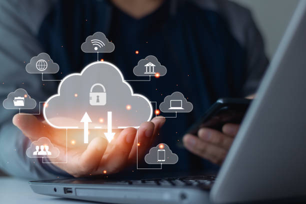 Cloud computing and technology concept. Business people holding icon cloud computing network and icon connection data information in hand. Data storage. Networking and internet service platform.